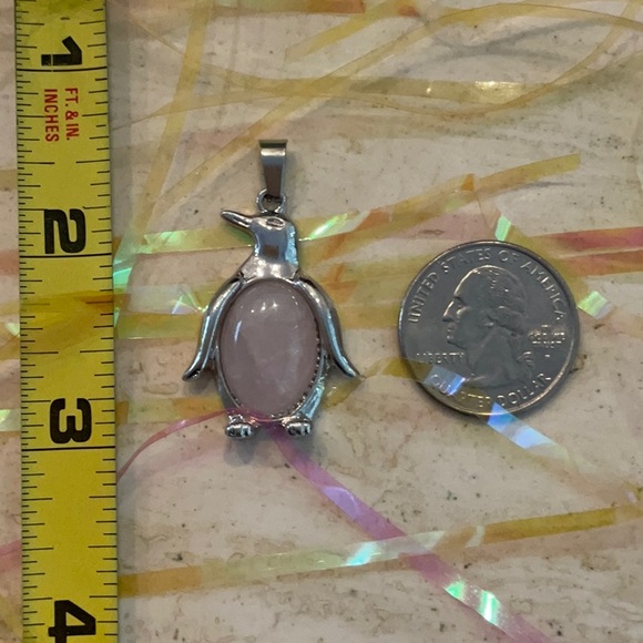 Penguin Charm Pink Quartz Pendant For Necklace Silver Tone - Picture 4 of 8